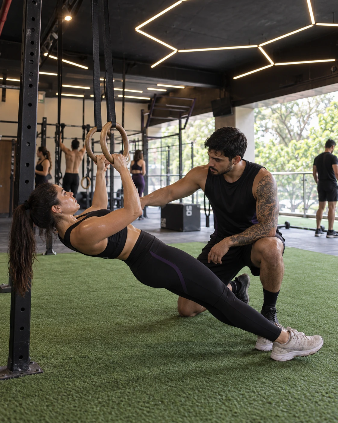 Coach guiando a una socia en anillas en Pumped