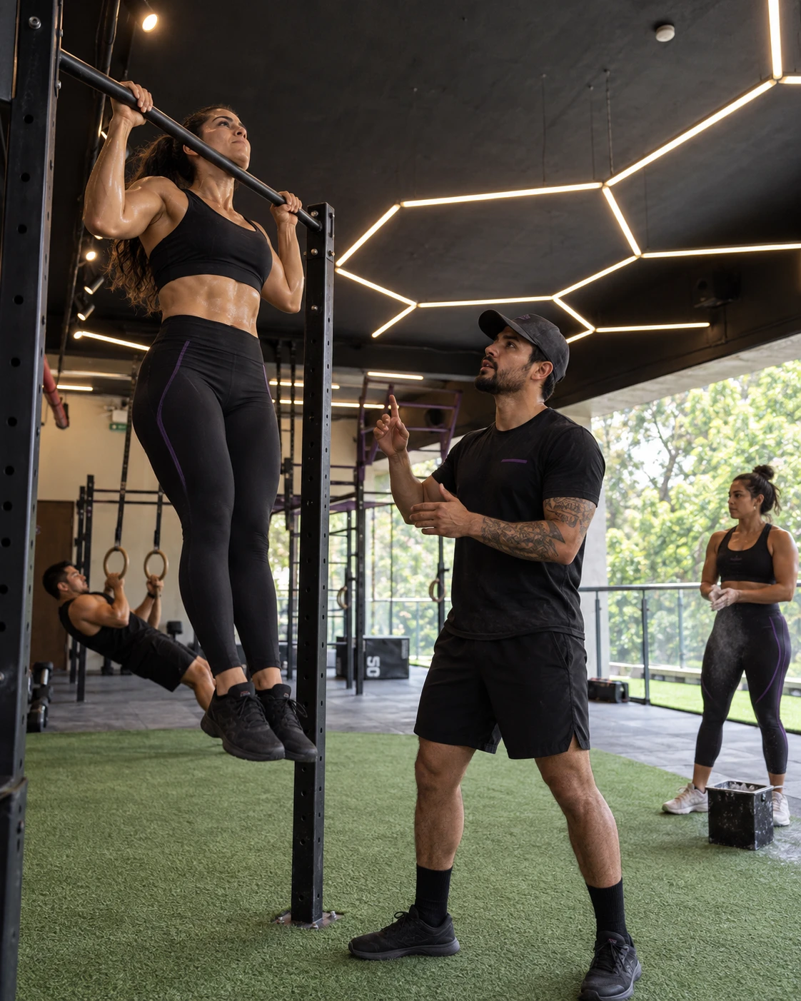 Coach acompañando a una socia en dominadas en Pumped