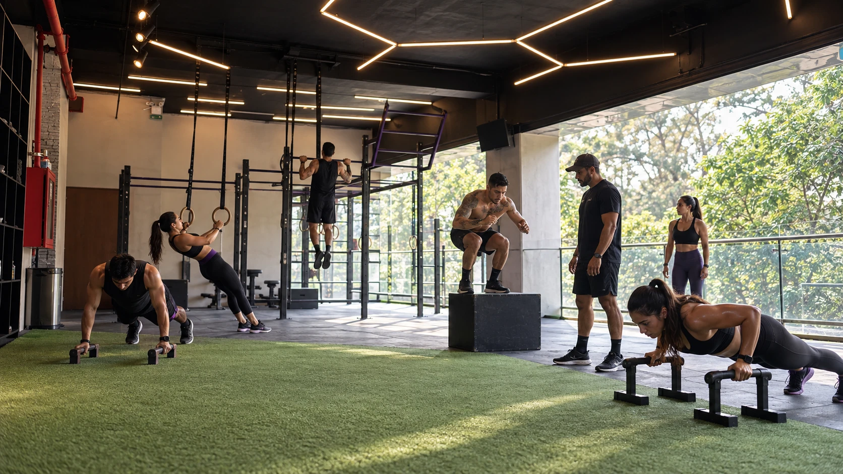 El estudio Pumped: calistenia, anillas y área de fuerza con vista al exterior