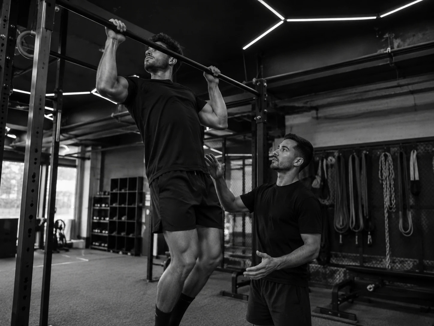 Coach de Pumped acompañando a un socio en dominadas — entrenamiento personal 1 a 1 en Guadalajara